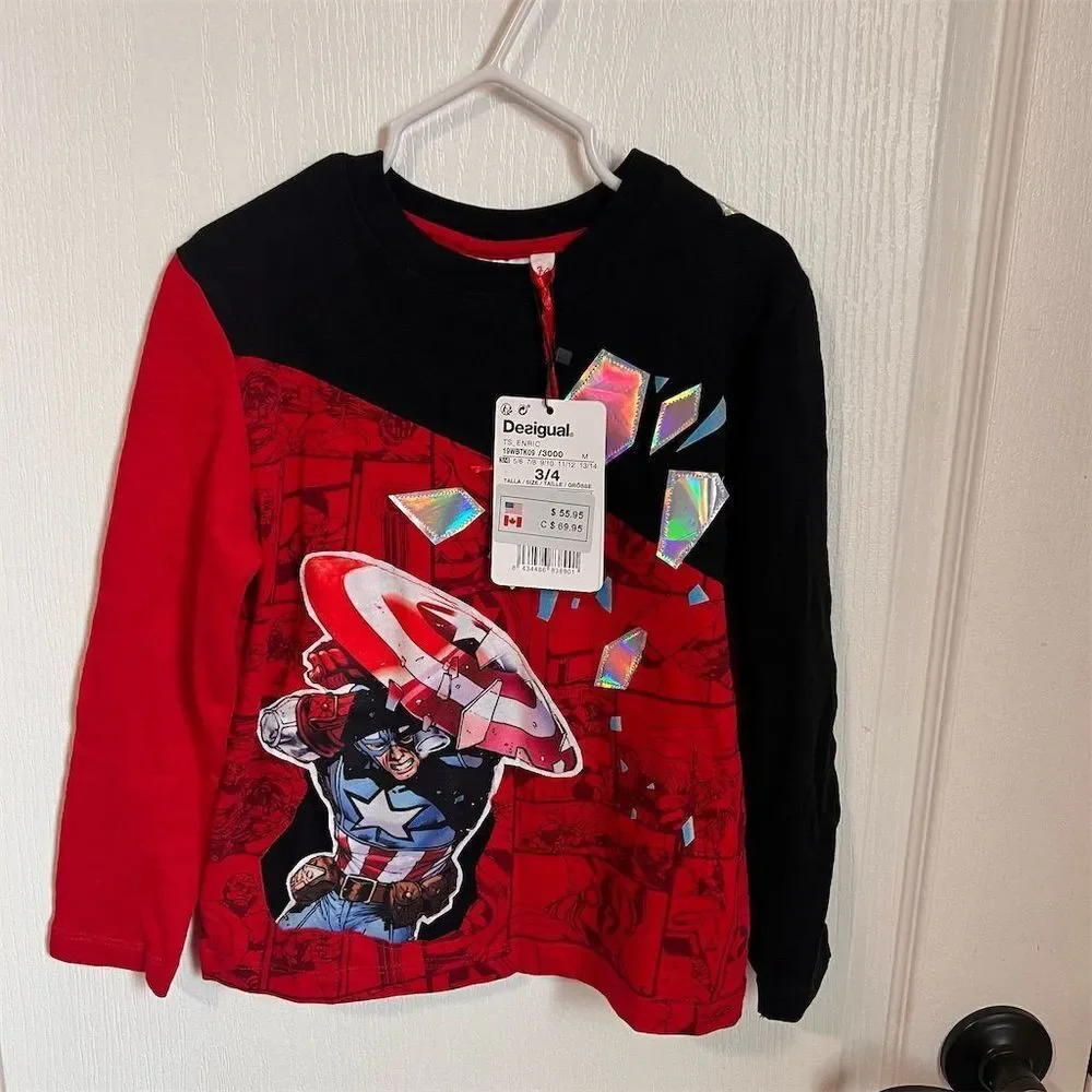Desigual Kids Marvel Avengers Captain‎ America Long Sleeve T-Shirt Size 3/4 NWT